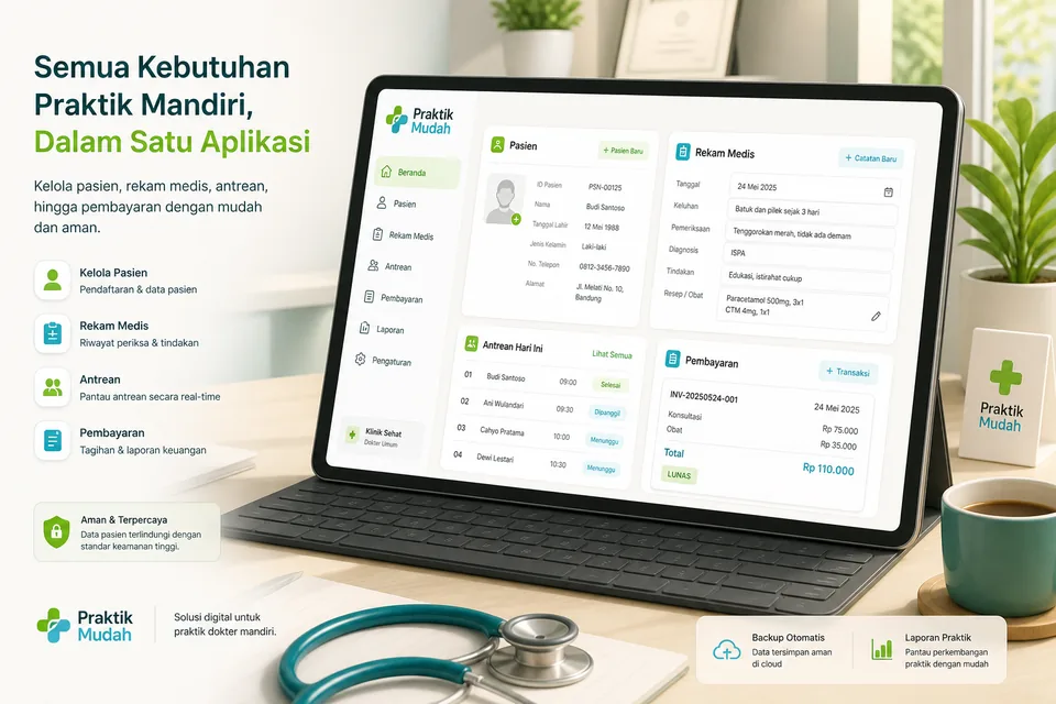 Ilustrasi aplikasi praktik mandiri dokter di tablet