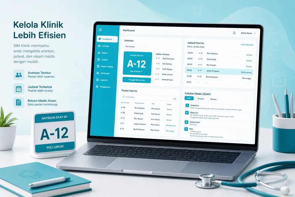 Ilustrasi dashboard SIM Klinik dengan antrean dan rekam medis